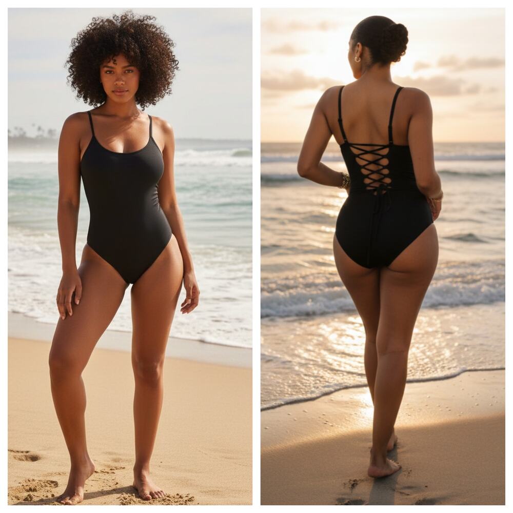 TA3 Lacey Black One Piece Swimsuit Lace Up Back XS Regular Length NWT